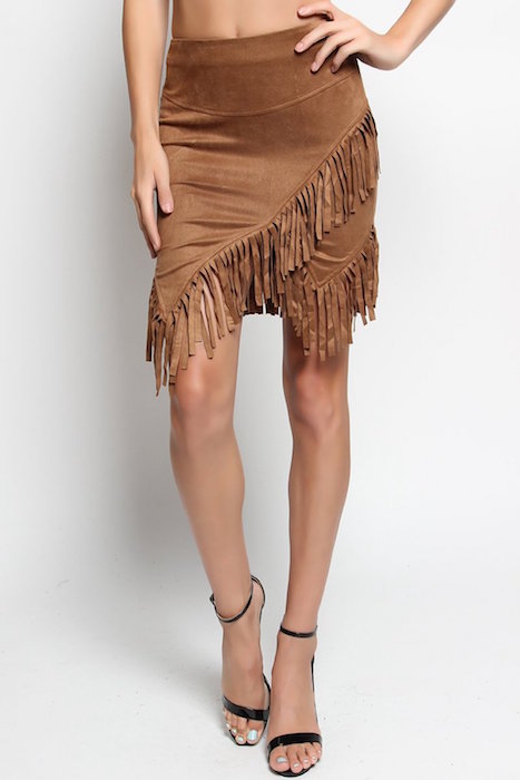 TheMogan Women's Asymmetric Fringe Wrap Faux Suede Mini Skirt